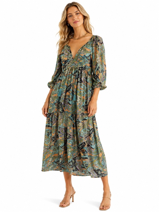lemonwood Dresses & Skirts - Lemonwood paisley print silk blend tiered maxi dress size S/M
